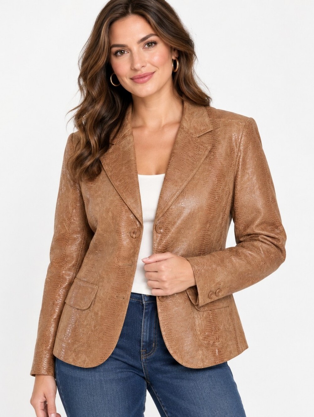 Leather Jacket Tan Printed Snakeskin Blazer Cut Women's Size L Kim Rogers Chic